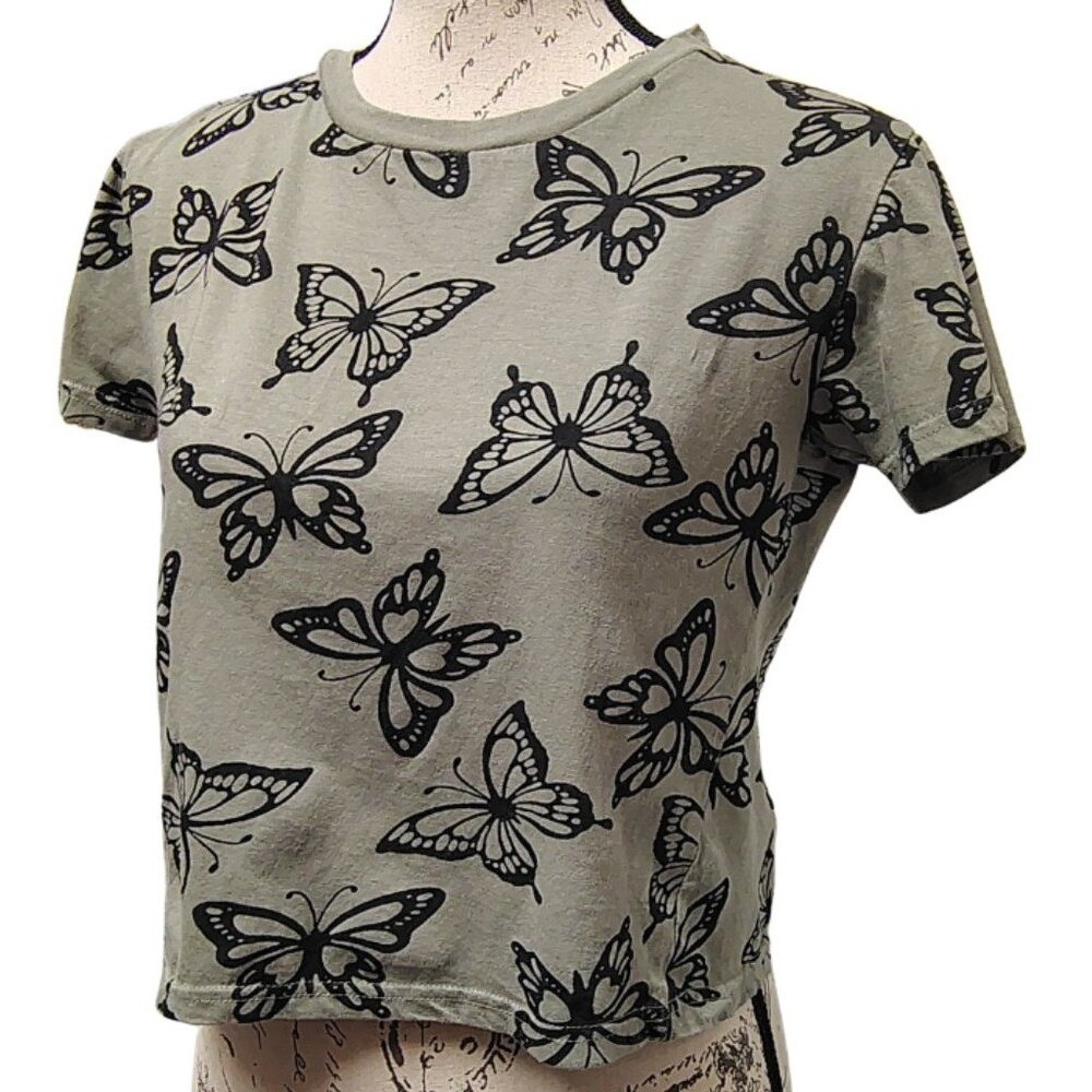 Butterfly Print Womens Crop Tee Shirt Medium 100% Cotton‎ Boho Y2K Nature